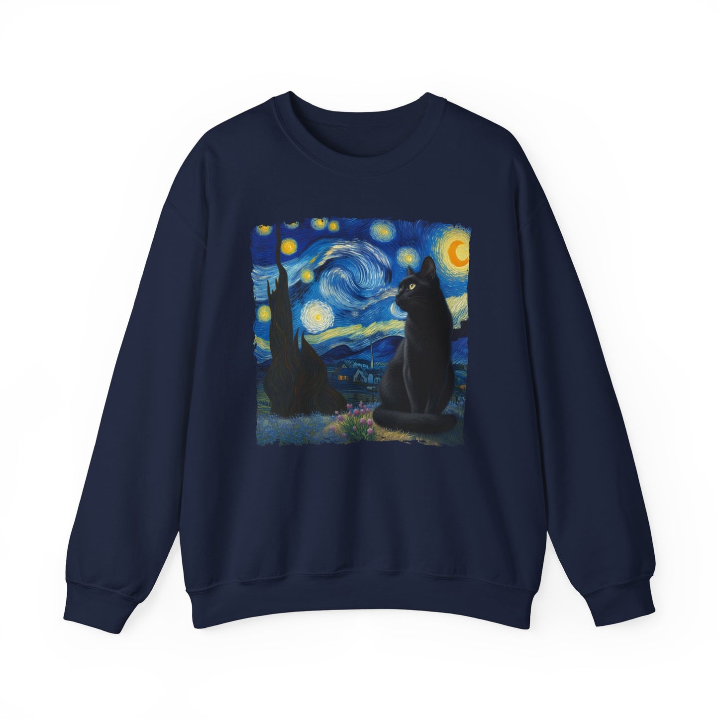 Black Cat Night Sky Crewneck Sweater | Starry Night-Inspired Feline Art | Cat Lovers Sweatshirt | Humorous Cat Parody Apparel Cat Gift