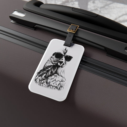 Classic Chicken with Sunglasses Luggage Tag - Black and White Drawn Style - Perfect Travel Accessory for Chicken Lovers & Funny Gift