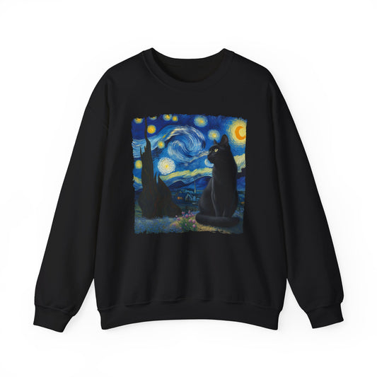 Black Cat Night Sky Crewneck Sweater | Starry Night-Inspired Feline Art | Cat Lovers Sweatshirt | Humorous Cat Parody Apparel Cat Gift