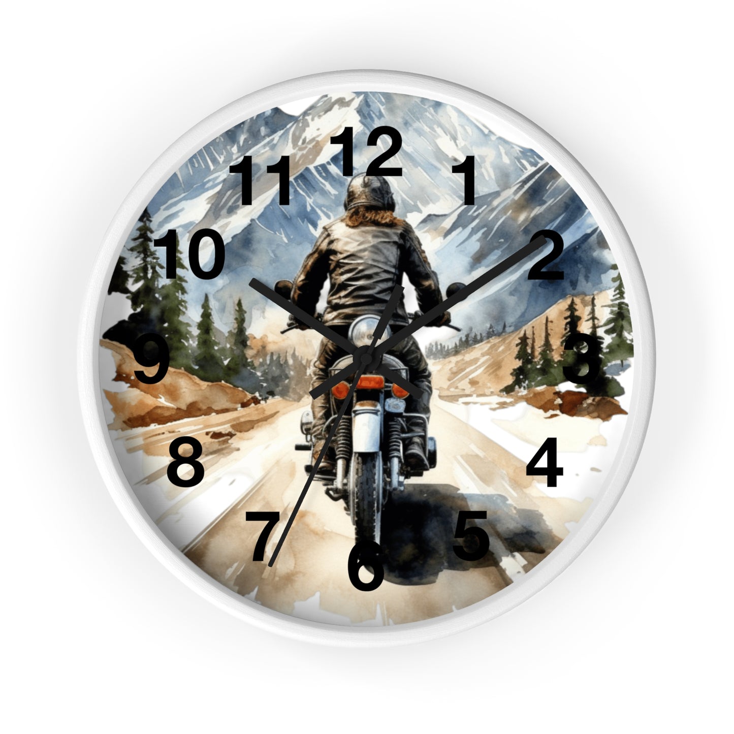 Biker Riding Open Road Wall Clock | Mountain Range Scenic View Motorcycle Art Unique Biker Decor Adventure Gift for Bikers Battery Operated