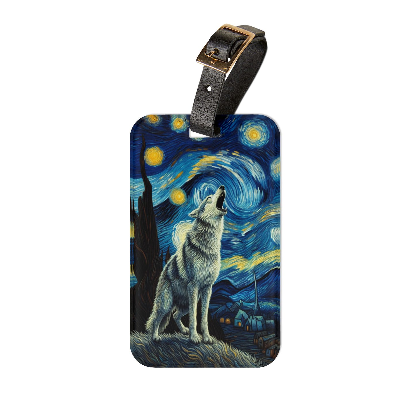 Lone Wolf Night Sky Luggage Tag | Starry Night-Inspired Travel Accessory | Mystical Wolf Baggage ID | Nature & Wilderness Lover Gift