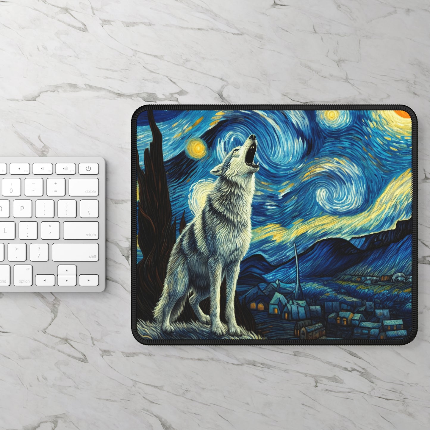 Lone Wolf Night Sky Non-Slip Mouse Pad | Starry Night-Inspired Art | Mystical Wolf Lover Desk Mat for Nature & Wilderness Enthusiasts