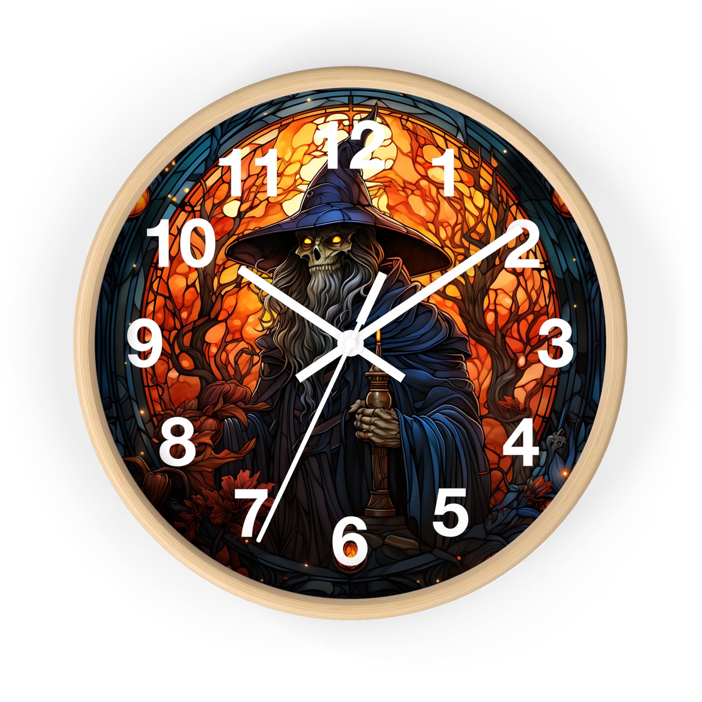 Scary Skeleton Wizard Stained Glass Wall Clock | Halloween Creepy Witch Vibe | Battery Operated | Unique Spooky Decor Halloween Lovers Gift