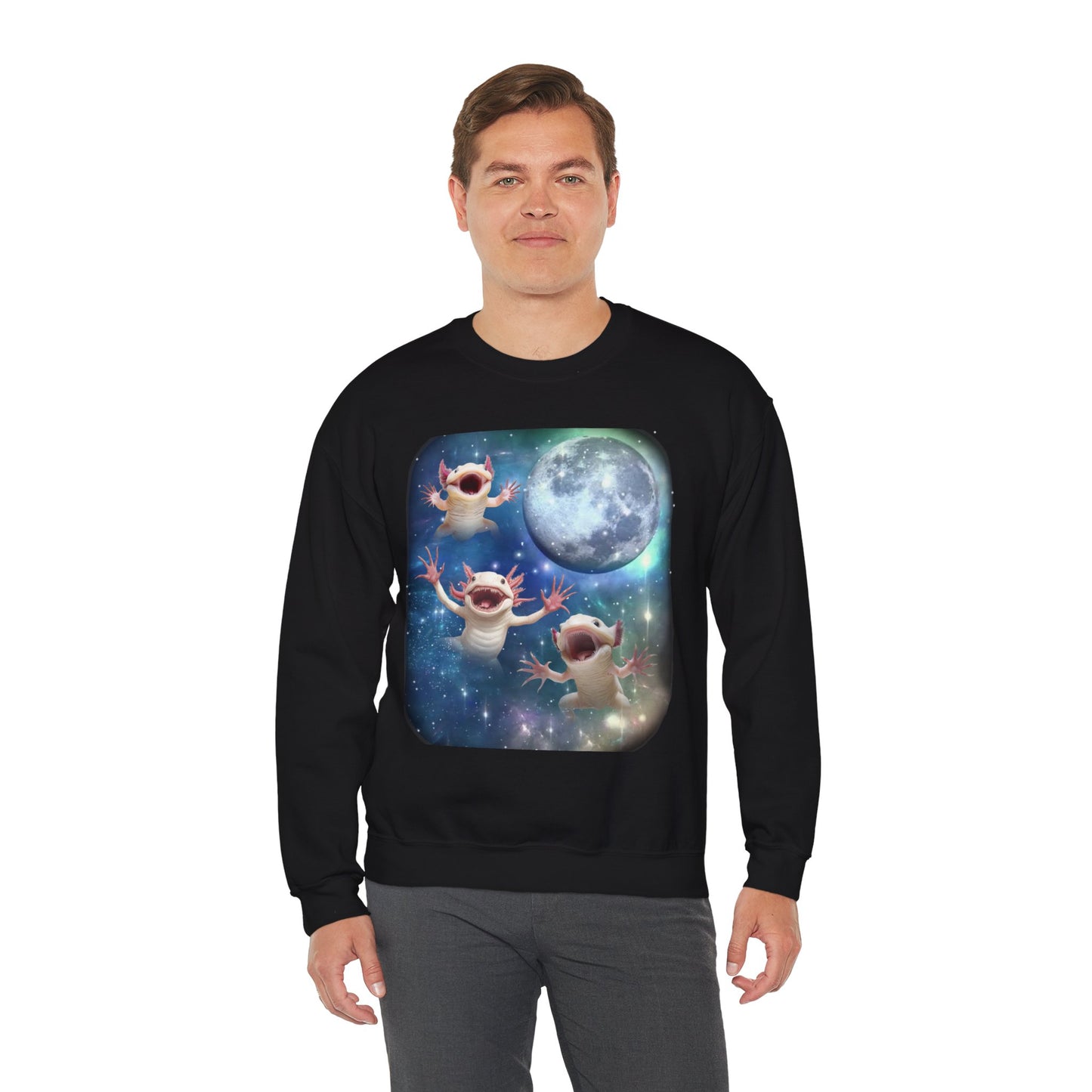 Axolotl Howling at Moon Sweatshirt | Vintage Aquatic Salamander Pullover Sweater | Funny Axolotl Apparel Gift for Animal Lovers Semi Aquatic