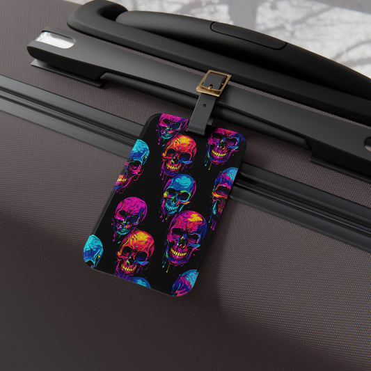 Trippy Neon Melting Skulls Luggage Tag Eye-Catching Neon Skull Art Accessory for Bold Travelers Perfect Baggage ID for Psychedelic Adventure