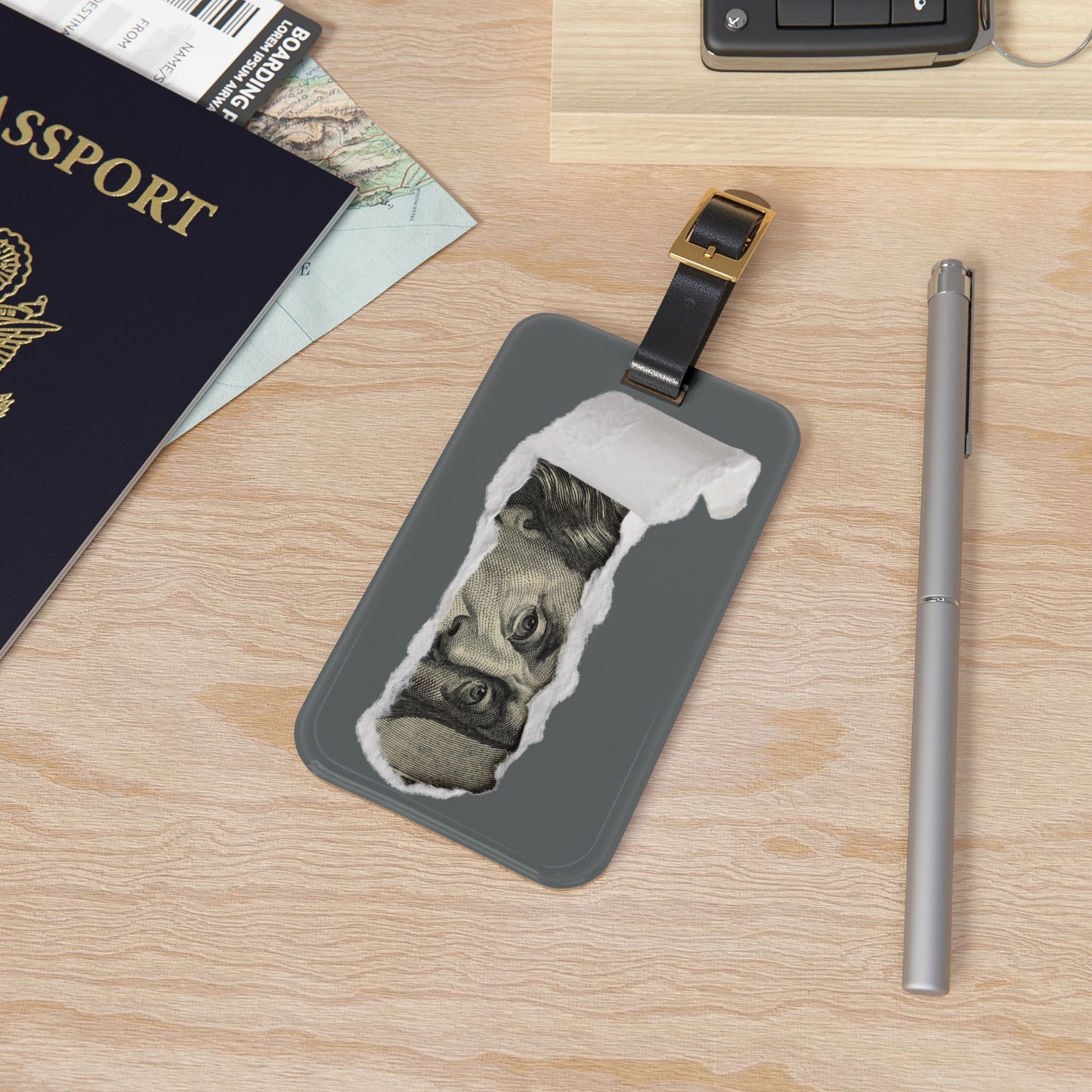 100 Dollar Bill Torn Away Luggage Tag | Benjamin Franklin Money Eyes Baggage ID | Streetwear Hustler Travel Accessory Founding Father Fans