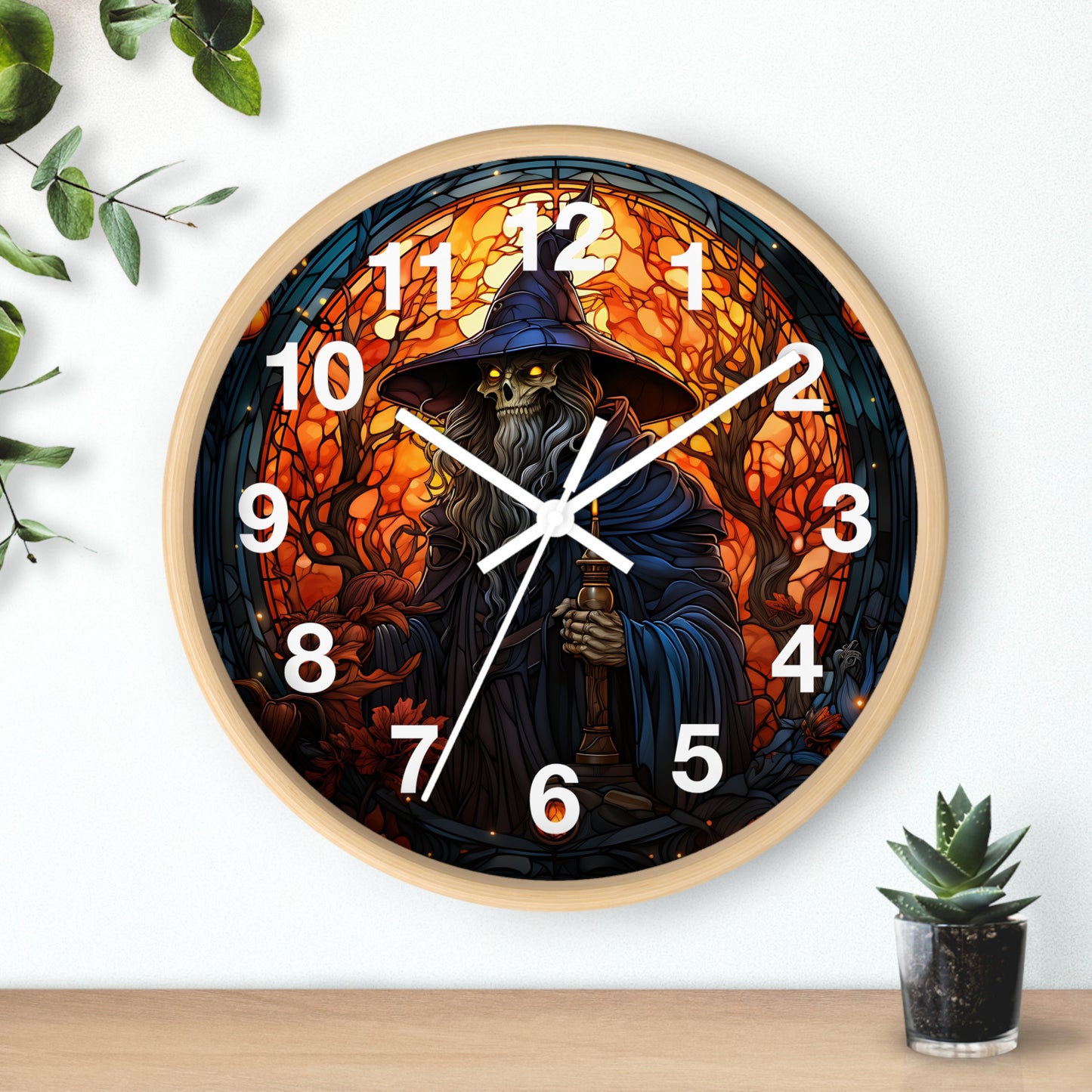 Scary Skeleton Wizard Stained Glass Wall Clock | Halloween Creepy Witch Vibe | Battery Operated | Unique Spooky Decor Halloween Lovers Gift
