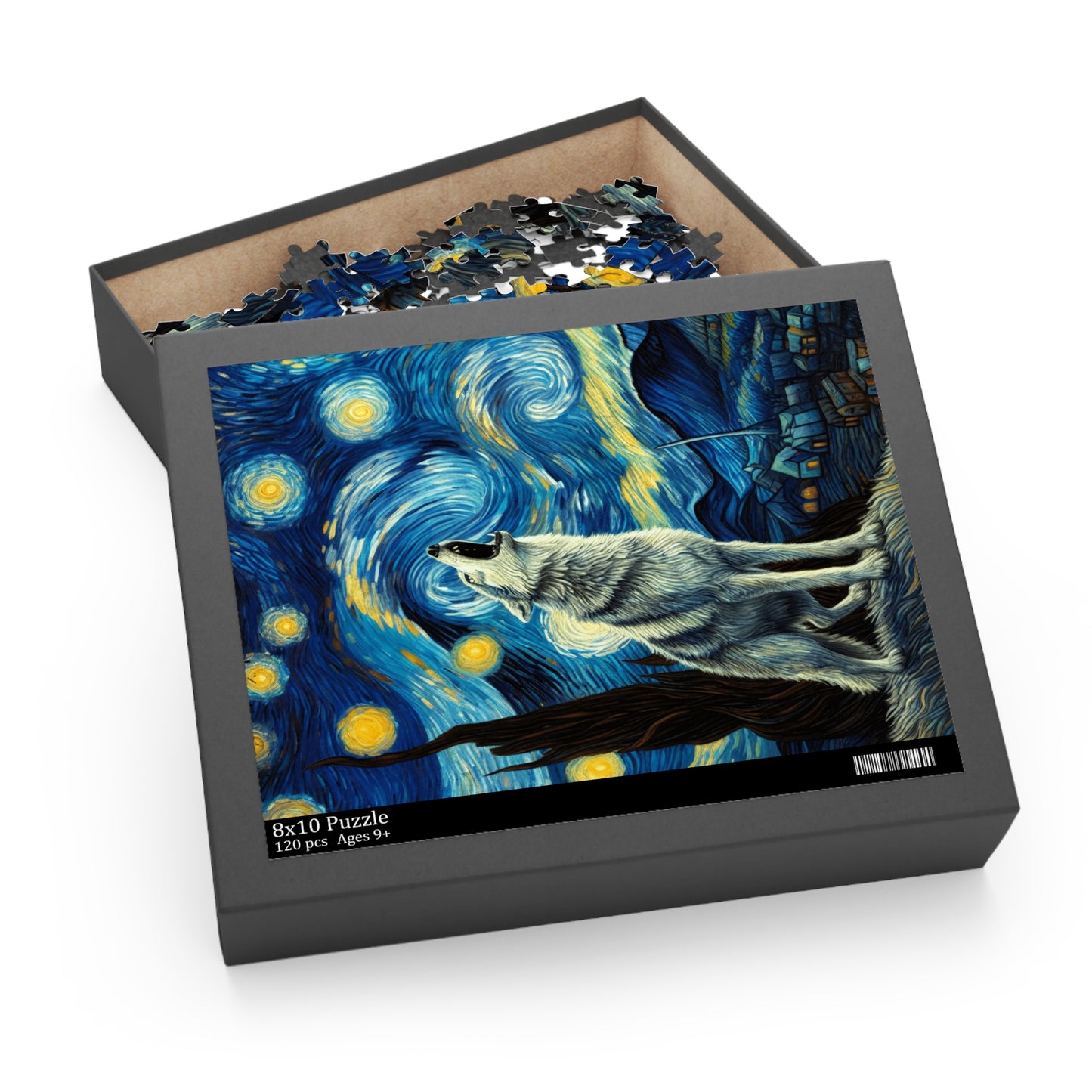 Lone Wolf Night Sky Jigsaw Puzzle 120-500 Pieces | Starry Night-Inspired Art & Mystical Wolf Design Perfect Nature Wilderness Enthusiasts