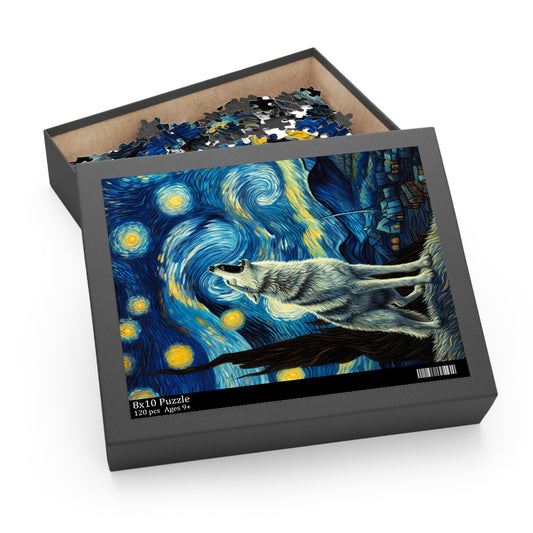 Lone Wolf Night Sky Jigsaw Puzzle 120-500 Pieces | Starry Night-Inspired Art & Mystical Wolf Design Perfect Nature Wilderness Enthusiasts