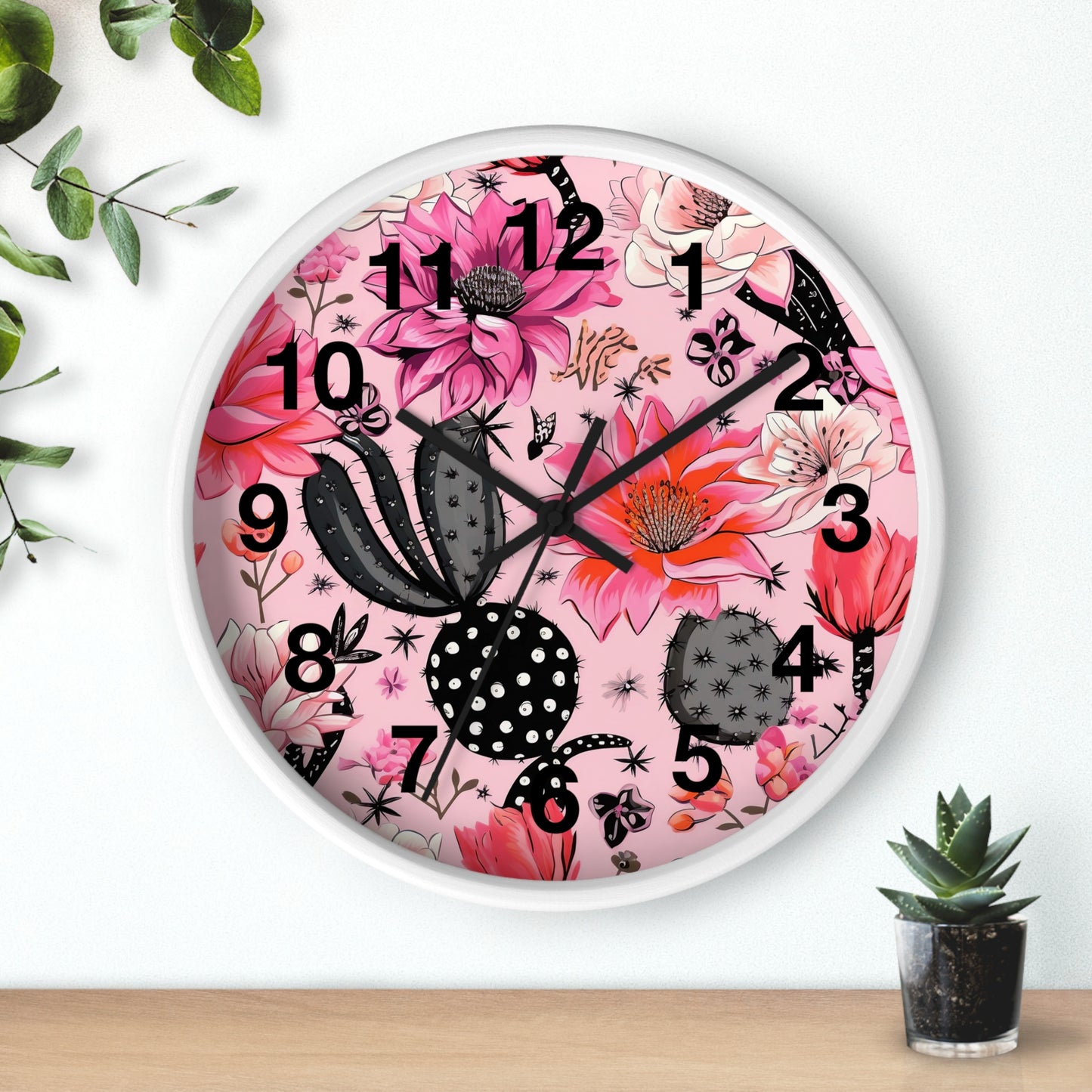 Charming Desert Cactus with Pink Blossoms Wall Clock | Battery Operated | Watercolor Boho Decor Perfect Gift Cactus Lovers Plant Enthusiasts