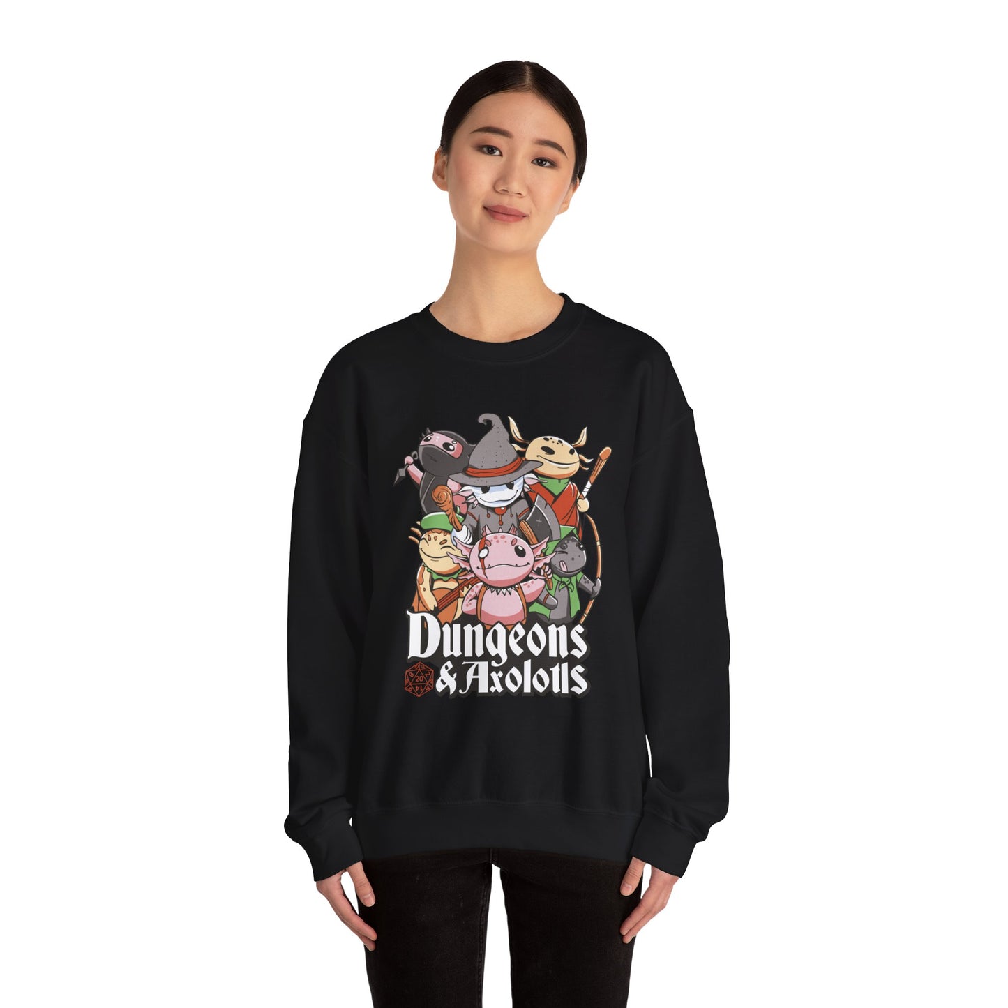 Dungeons and Axolotls Funny D&D Parody Sweatshirt | Nerdy Fantasy Game Sweater Axolotl Lovers Unique Winter Gift Cozy Fun Sweatshirt Gamers