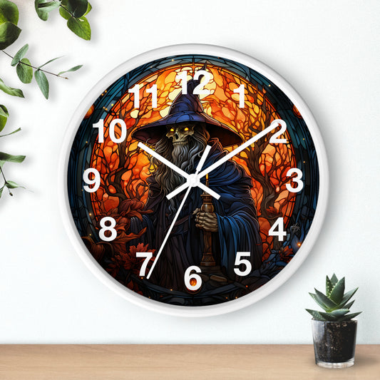 Scary Skeleton Wizard Stained Glass Wall Clock | Halloween Creepy Witch Vibe | Battery Operated | Unique Spooky Decor Halloween Lovers Gift