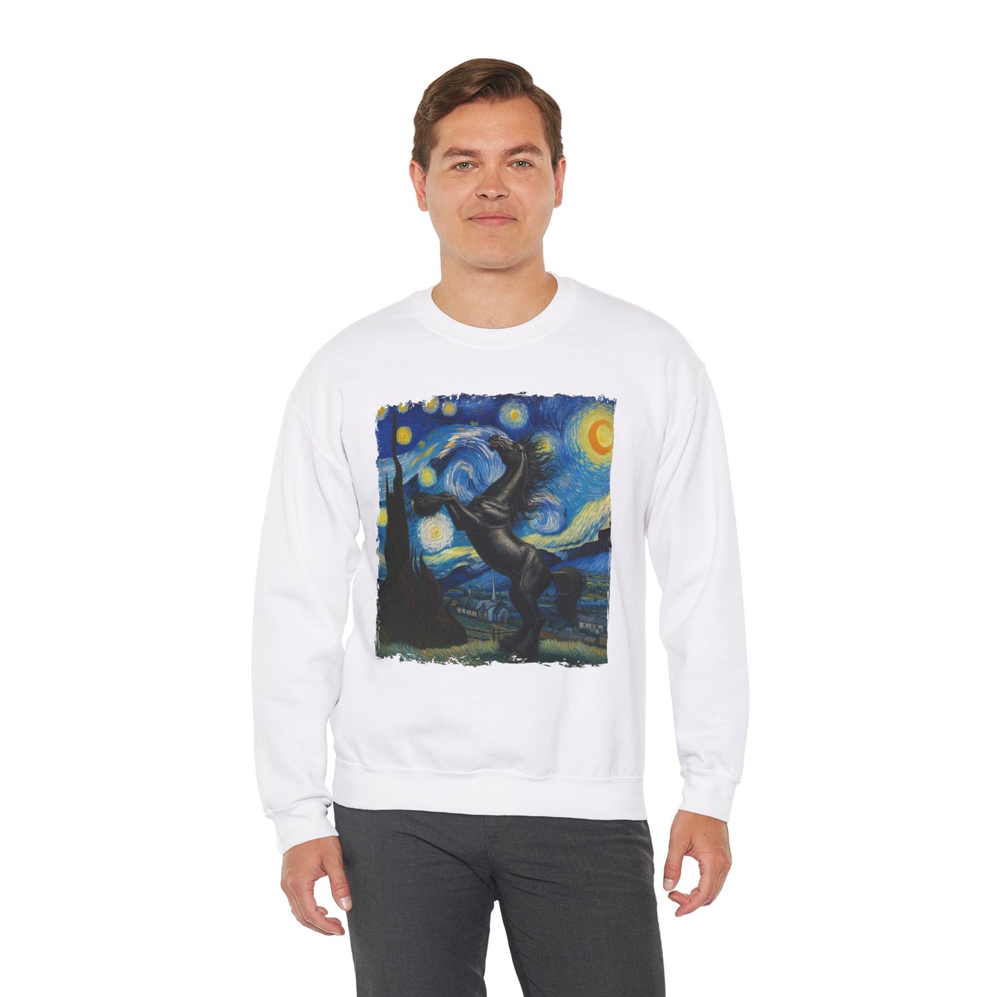 Majestic Black Horse Night Sky Crewneck Sweater | Starry Night-Inspired Equine Art | Perfect Gift Horse Lover Sweatshirt Horse Humor Apparel