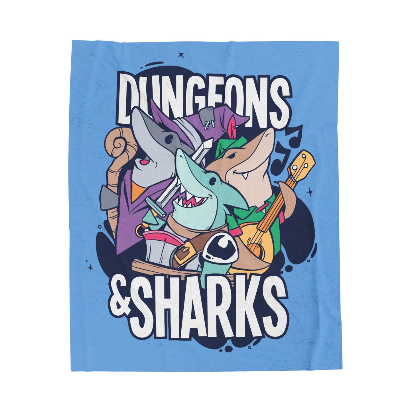 Dungeons and Sharks Velveteen Plush Throw Blanket | Funny Shark Lover Gift | Nerdy Parody Blanket | Fantasy Roleplaying Cozy Ocean Decor