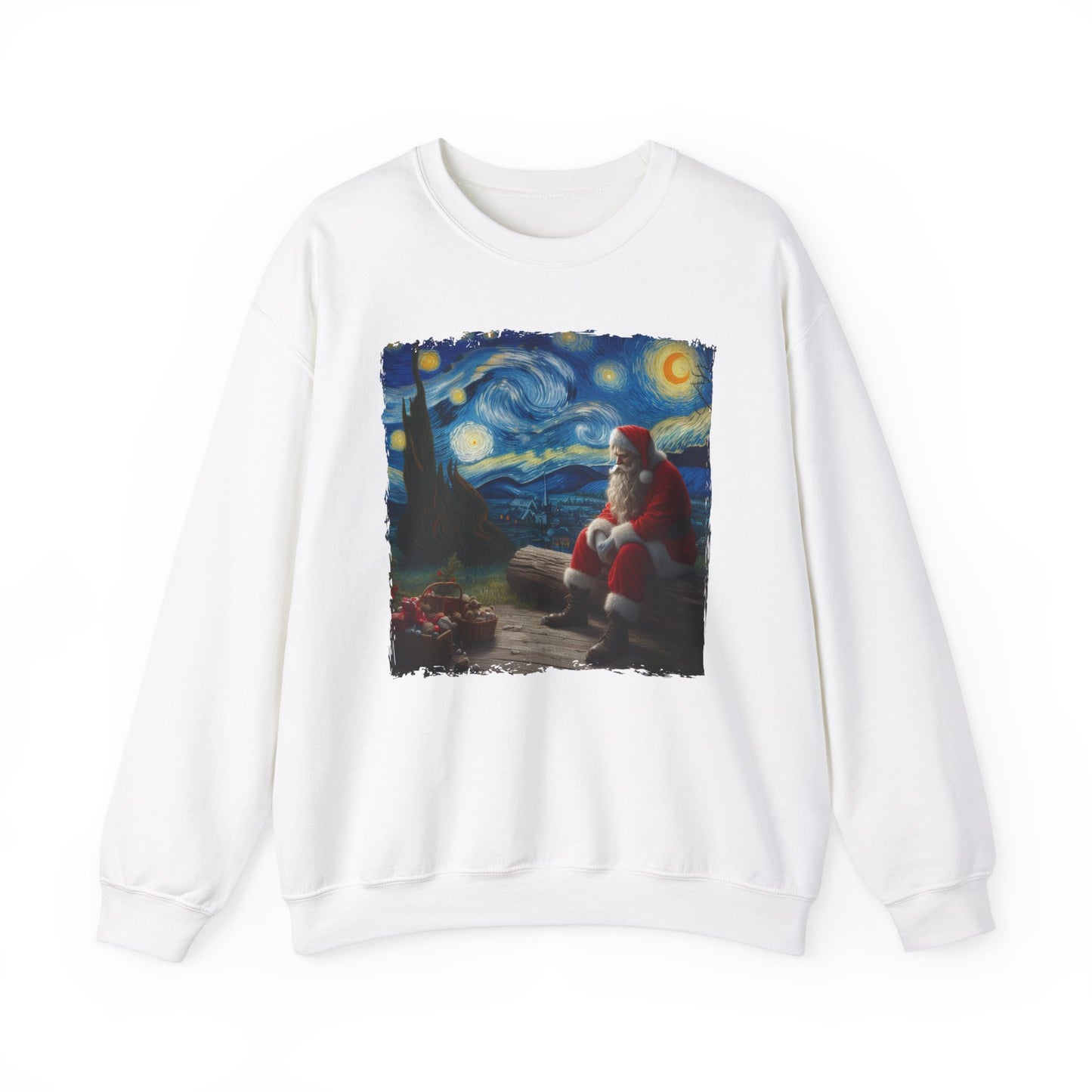 Santa Claus Night Sky Crewneck Sweater | Starry Night-Inspired Holiday Art Pullover Festive Santa Lover Magical Christmas Season Sweatshirt