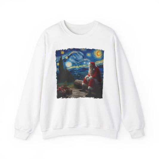 Santa Claus Night Sky Crewneck Sweater | Starry Night-Inspired Holiday Art Pullover Festive Santa Lover Magical Christmas Season Sweatshirt